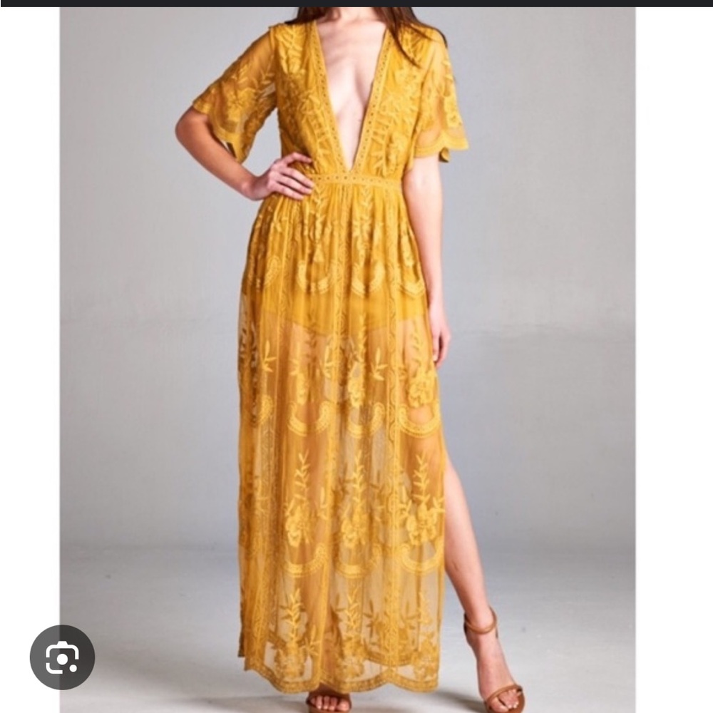 Honey Punch Golden Lace Maxi Dress